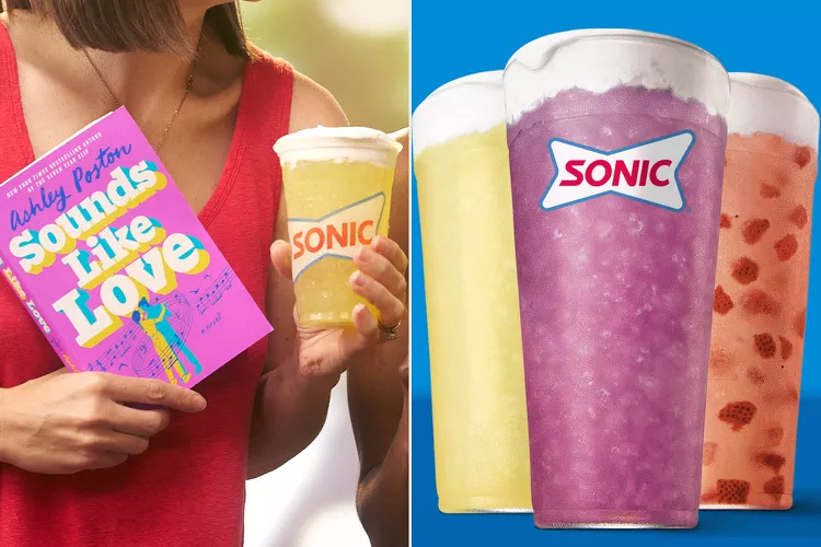 Woman holds Sounds Like Love by Ashley Poston; Sonic Sweet Topped Lemonades.