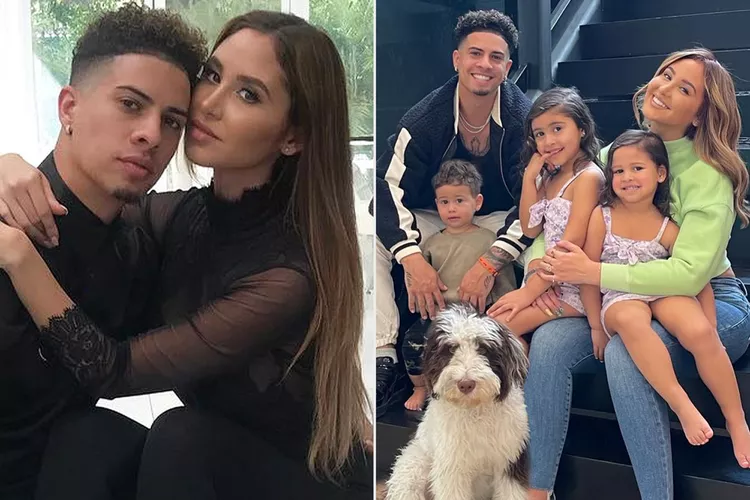 Austin McBroom and Catherine Paiz pose for a photo together in September 2017 ; Austin McBroom and Catherine Piaz smile with their 3 kids and family dog in December 2021.