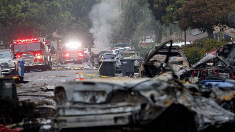 Firefighters work the site where a small plane crashed into a San Diego, California, residential street on Thursday.