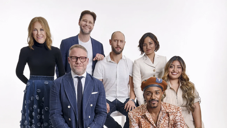 Catherine O’Hara, Seth Rogen, Ike Barinholtz, Evan Goldberg, Chase Sui Wonders, Dewayne Perkins and Keyla Monterroso Mejia from AppleTV+ 'The Studio'