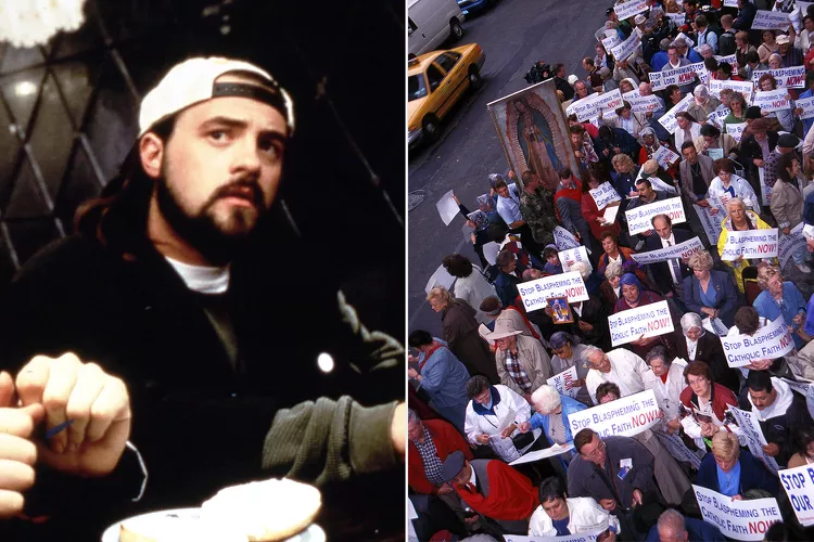 Kevin Smith in 1999's Dogma; Catholic protestors at movie's premiere on Nov. 4, 1999.