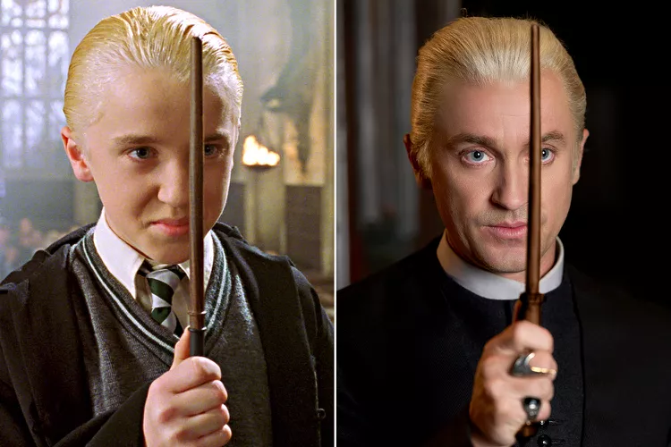 Tom Felton as Draco Malfoy in Harry Potter and the Sorcerer's Stone (2001) and Harry Potter and the Cursed Child (2025).