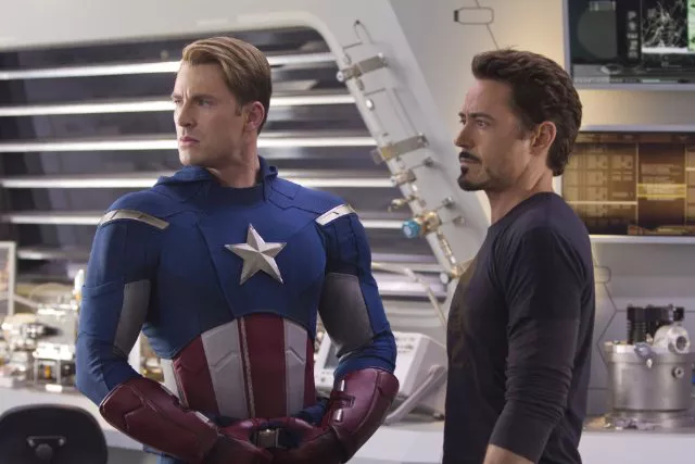 Chris Evans as Steve Rogers/Captain America and Robert Downey Jr. as Tony Stark/Iron Man in 'The Avengers'.