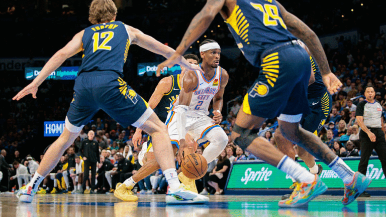 OKLAHOMA CITY, OKLAHOMA - MARCH 29: Shai Gilgeous-Alexander #2 of the Oklahoma City Thunder drives to the basket during the fourth quarter against the Indiana Pacers at Paycom Center on March 29, 2025 in Oklahoma City, Oklahoma