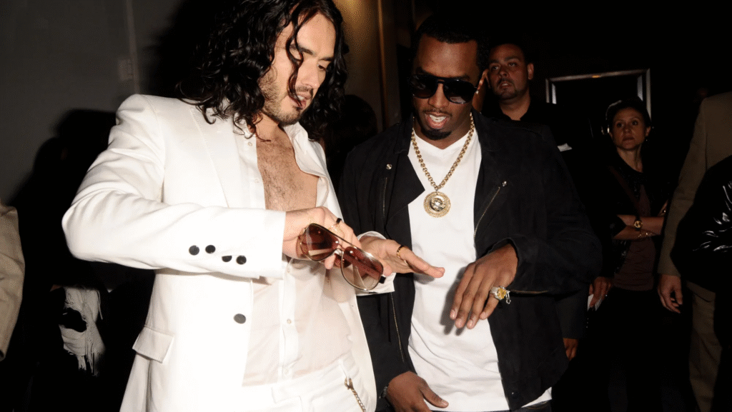 Russell Brand and Sean Combs attend the Los Angeles premiere of "Get Him To The Greek" at The Greek Theatre on May 25, 2010 in Los Angeles, California.